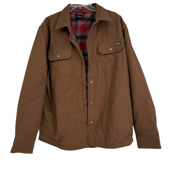 Dickies Flannel Lined Canvas Work Jacket Shacket Duck Brown Men's Size XL Snaps - Picture 1 of 9